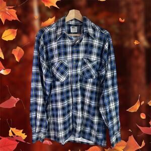Montgomery Ward VTG Men's Large Tall 100% Cotton Blue Black Plaid Flannel Shirt
